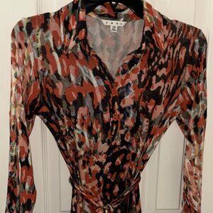 CAbi Red Abstract Watercolor Jersey Knit Mock Neck Stretch Buttons XS Dress